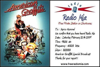 Radio Mia - QSL Card - American Graffiti Special Broadcast